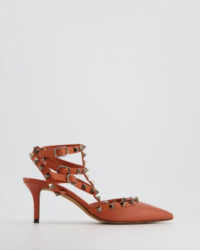 Shop Valentino Leather Rockstud Pointed Heels In Orange