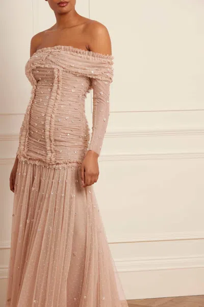Needle & Thread Love Heart Rouched Off-shoulder Gown In Beige