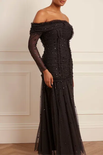 Shop Needle & Thread Love Heart Rouched Off-shoulder Gown In Black