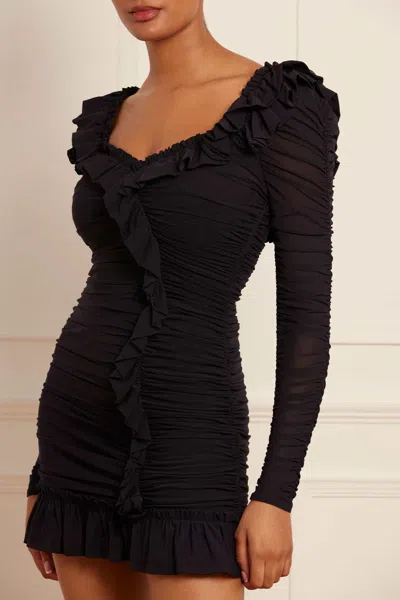Shop Needle & Thread Ebony Rouched Long Sleeve Micro Mini Dress In Black
