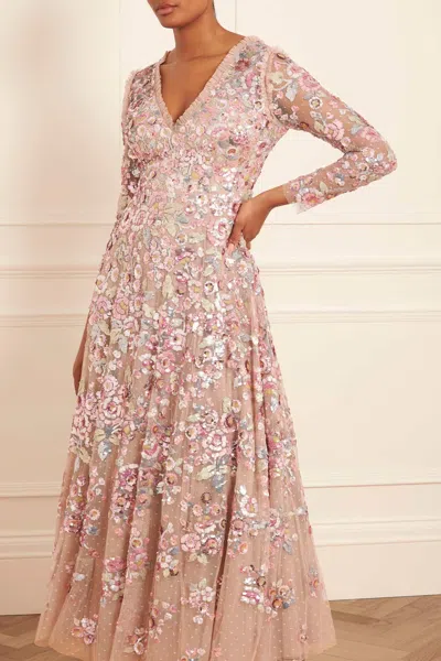 Needle & Thread Sequin Paradise Long-sleeve Gown In Beige