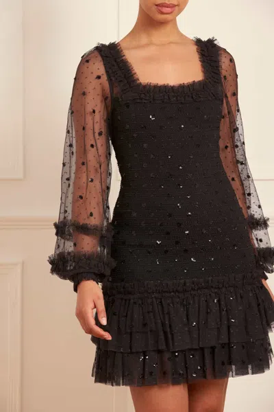 Shop Needle & Thread Polka Dot Smocked Long Sleeve Micro Mini Dress In Black