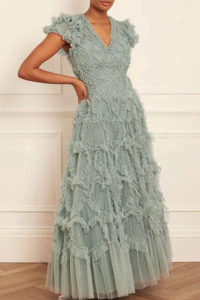 Needle & Thread Amorette Ruffled V-neck Gown In Green