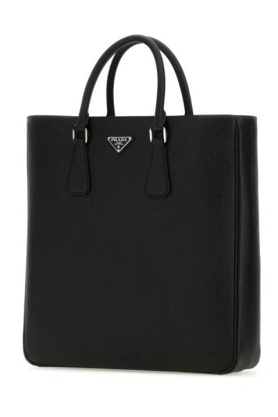 Shop Prada Man Black Leather Shopping Bag