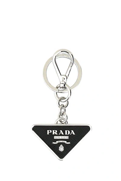Shop Prada Man Two-tone Leather And Metal Keychain In Multicolor