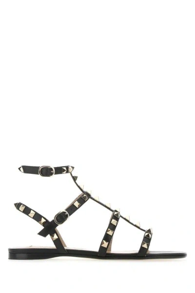 Valentino Garavani Rockstud Flat Calfskin Sandal With Straps Woman Black 41.5 In Black