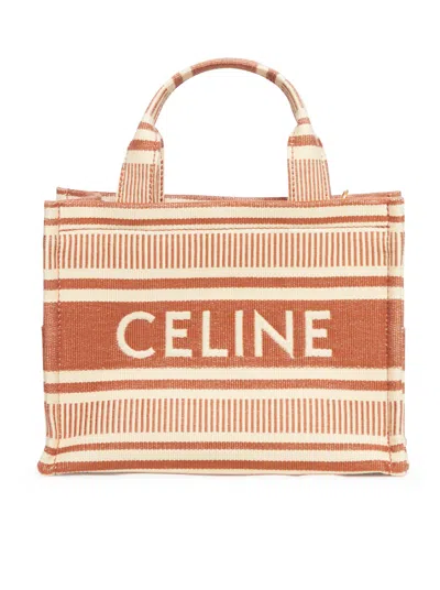 Shop Celine Cabas Thais Bag In Fabric With Striped Pattern In Nude & Neutrals