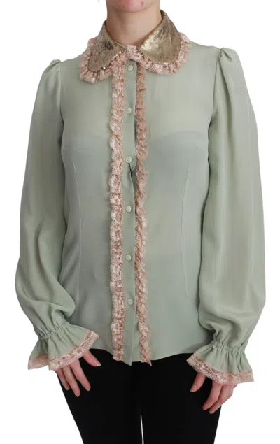 Shop Dolce & Gabbana Elegant Mint Green Silk Blend Sequin Collar Top