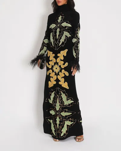 Shop Johanna Ortiz , Uzbek Appliquéd Feather Trimmed Silk Maxi Dress In Black