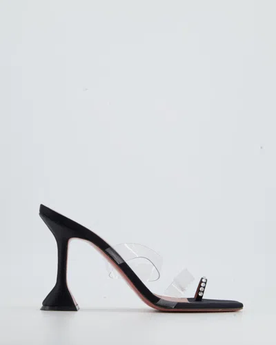 Shop Amina Muaddi Satin Heels With Perspex Strap And Crystal Detail In Black