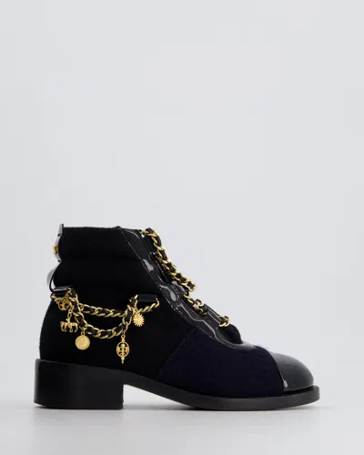 Pre-owned Chanel , Wool And Patent Ankle Boot With Brushed Gold Charm Chain Detail In Blue