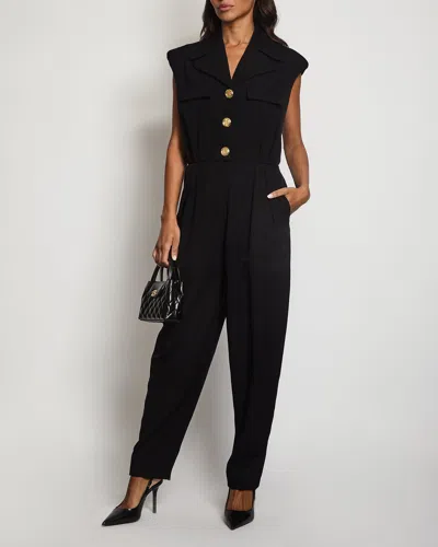 Shop Balmain Wool Sleeveless Jumpsuit With Gold Logo Buttons In Black