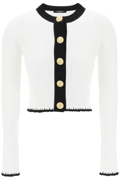 Shop Balmain Bicolor Knit Cardigan With Embossed Buttons In 白色的