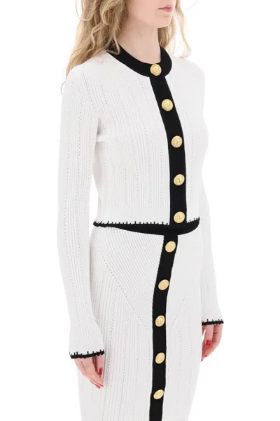 Shop Balmain Bicolor Knit Cardigan With Embossed Buttons In 白色的