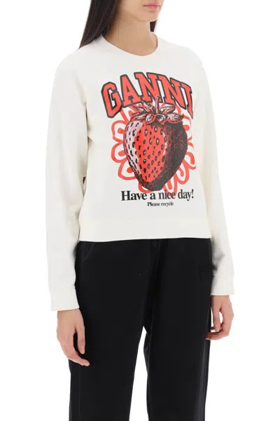 Shop Ganni Crew Neck Sweatshirt With Graphic Print In 白色的