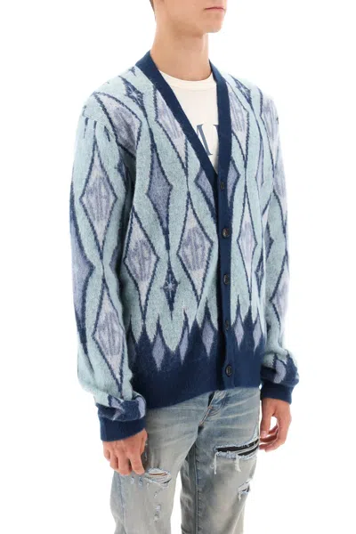 Shop Amiri Argyle Bruhed-yarn Cardigan In Blue