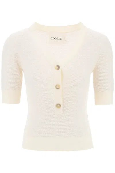 Shop Closed Knitted Top With Short Sleeves In Bianco