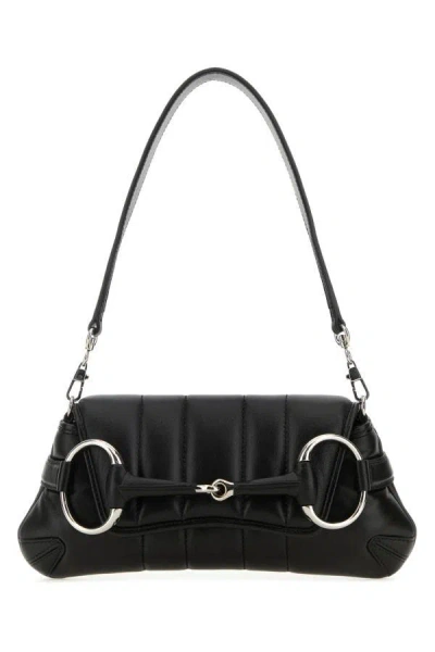 Shop Gucci Woman Black Small  Horsebit Chain Leather Shoulder Bag