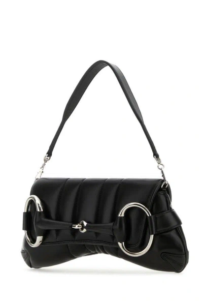 Shop Gucci Woman Black Medium  Horsebit Chain Leather Shoulder Bag