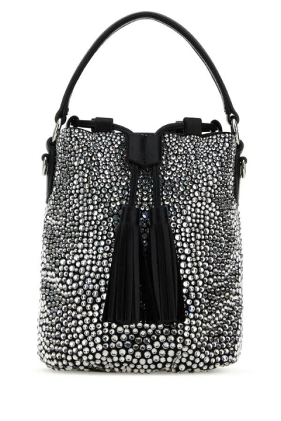 Miu Miu Silver Crystal-embellished Satin Bucket Bag In Silver