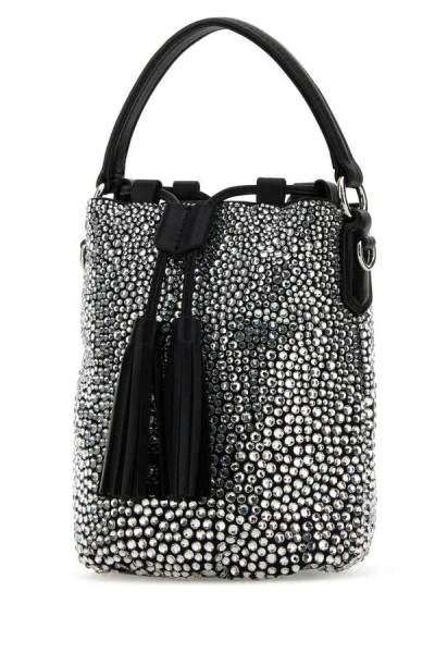 Miu Miu Silver Crystal-embellished Satin Bucket Bag In Silver