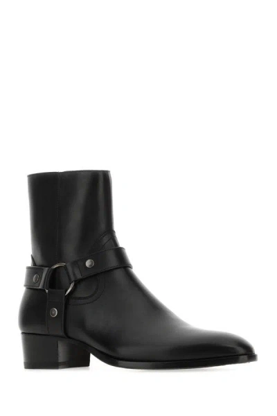 Shop Saint Laurent Man Black Leather Ankle Boots