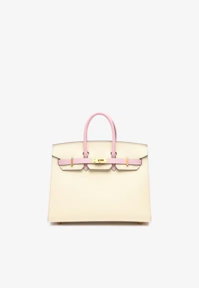 Shop Hermes Birkin 25 Sellier Hss In Craie And Mauve Sylvestre Epsom Leather With Gold Hardware