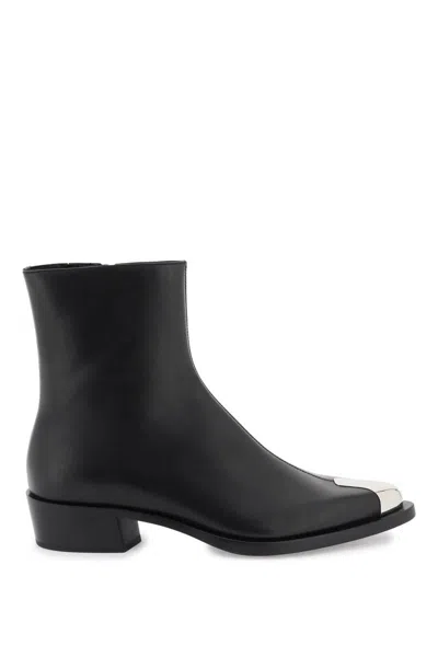 Shop Alexander Mcqueen Leather Punk Ankle Boots In Nero