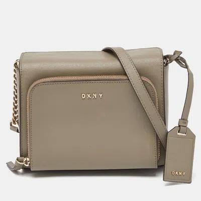 Shop Dkny Saffiano Leather Bryan Park Pocket Crossbody Bag In Beige