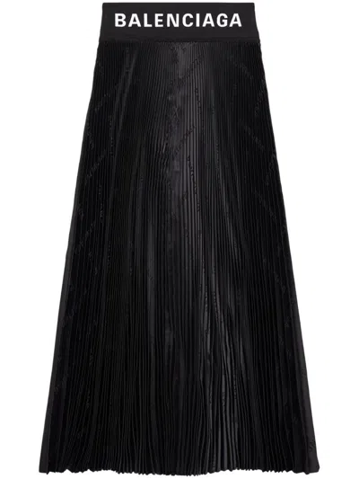 Shop Balenciaga Women Pleated Logo-jacquard Midi Skirt In Black