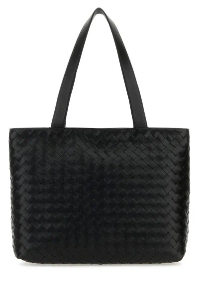 Shop Bottega Veneta Man Black Leather Small Intrecciato Shopping Bag