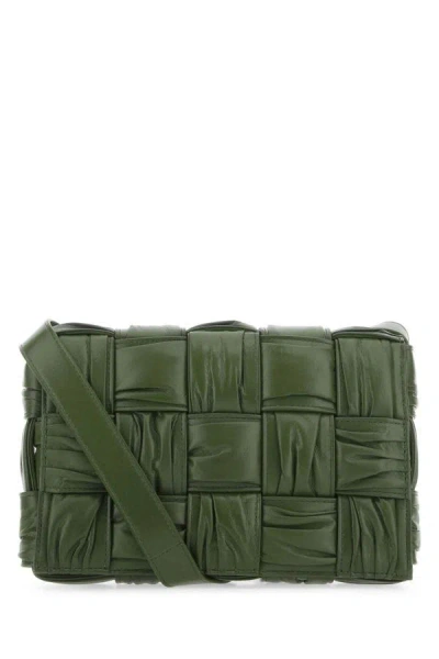 Shop Bottega Veneta Woman Olive Green Leather Cassette Crossbody Bag
