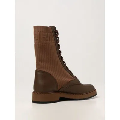 Shop Fendi Women Camel Rockoko Leather Combat Boots/booties In Brown