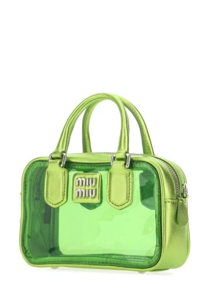 Shop Miu Miu Woman Green Leather And Pvc Mini Handbag