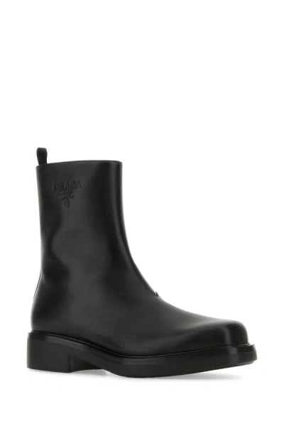 Shop Prada Man Black Leather Ankle Boots