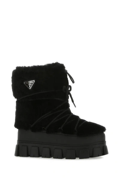Shop Prada Man Black Shearling And Rubber Ankle Boots