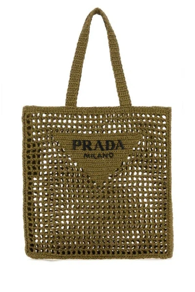 Shop Prada Man Khaki Crochet Shopping Bag In Green