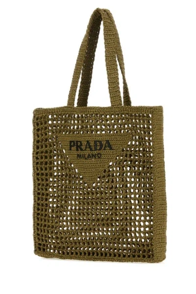 Shop Prada Man Khaki Crochet Shopping Bag In Green