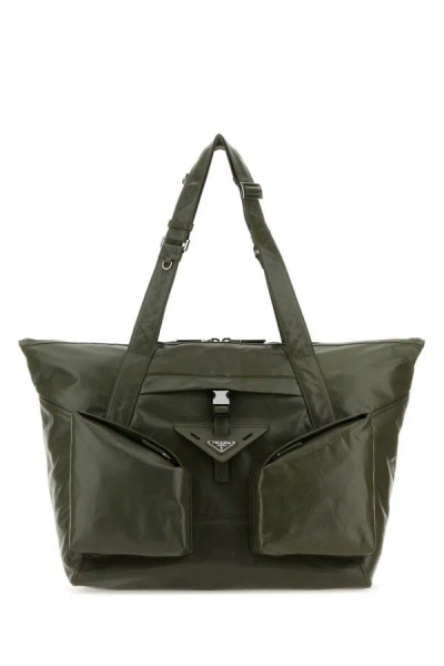 Shop Prada Man Olive Green Leather Shopping Bag