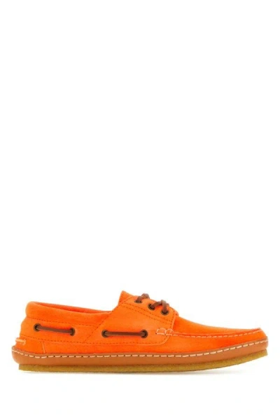 Shop Saint Laurent Man Fluo Orange Suede Ashe Loafers