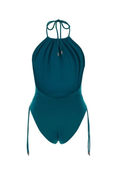 Shop Saint Laurent Woman Teal Green Stretch Nylon Swimsuit