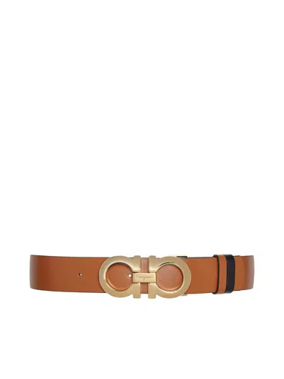 Ferragamo Reversible And Adjustable Gancini Belt In Brown