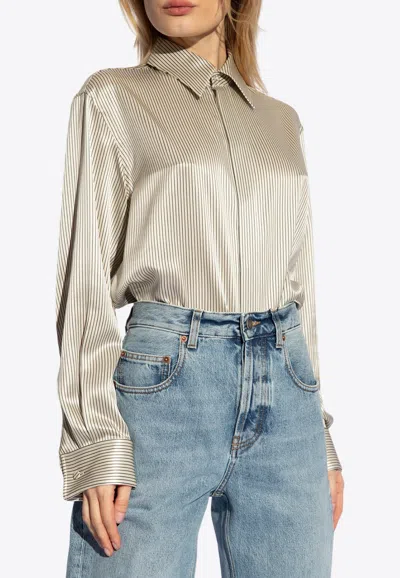 Shop Saint Laurent Boyfriend Striped Silk Satin Shirt In Cream