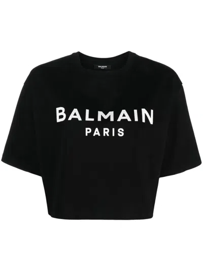 Shop Balmain Printed Cropped T-shirt Clothing In Black
