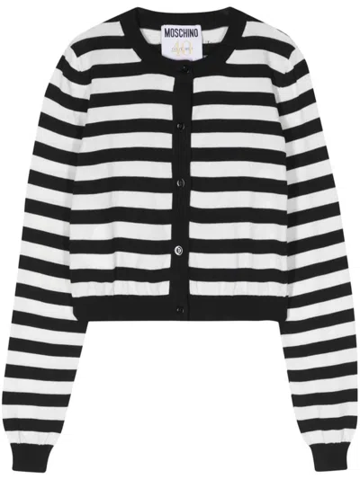 Shop Moschino Cardigan In Cotton With Striped Pattern And Question Mark Detail In Nero