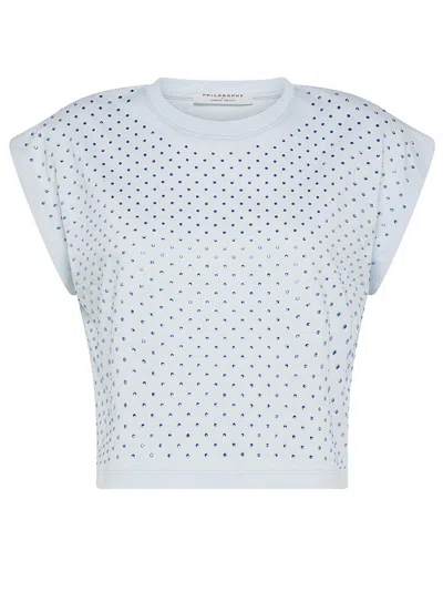 Shop Philosophy Di Lorenzo Serafini Short-cut Cotton T-shirt With Rhinestones In Blue