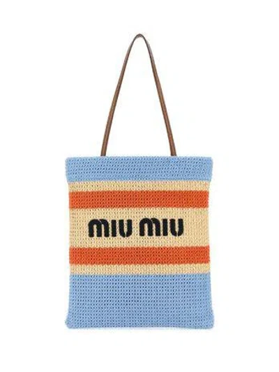 Shop Miu Miu Striped Crochet Tote Bag In Naturale+celeste