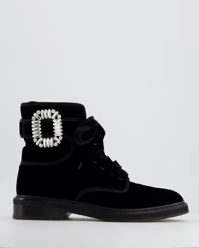 Shop Roger Vivier Velvet Ankle Boots With Crystal Buckle Detail In Black