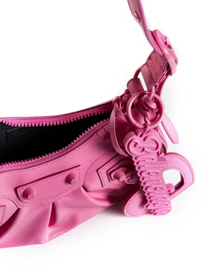 Balenciaga Green Leather Shoulder Handbag With Magnetic Closure And Metal Details In Brightpink