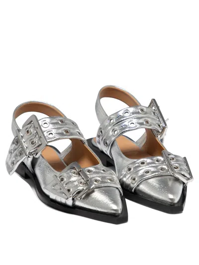 Shop Ganni Silver Slingback Ballet Flat Shoe With Buckles